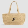 Großer trapezförmiger Patou Shopper mit Logo aus Raffiabast
