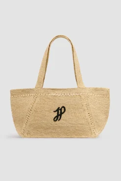 Großer trapezförmiger Patou Shopper mit Logo aus Raffiabast