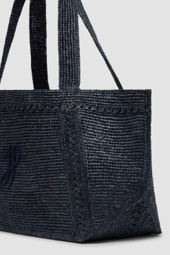 Großer trapezförmiger Patou Shopper mit Logo aus Raffiabast