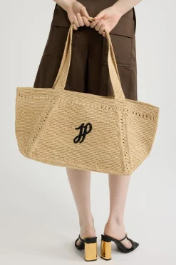 Großer trapezförmiger Patou Shopper mit Logo aus Raffiabast